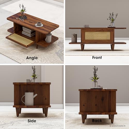 Image of SIDHI Solid Sheesham Wood Coffee Table & Center Table with Rattan Cane Lift-Down Shutter & Both Side Open Shelves for Living Room (Honey Finish)