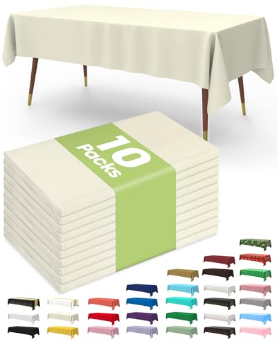 Image of Pureegg Plastic Table Cloth Disposable 10 Pack, 54 x 108 Inch Table Cloths, Party, Wedding, Thanksgiving Decorations, Fall Tablecloths, Rectangle, Beige Plastic Cover, Leakproof & Sturdy, Cream, Ivory