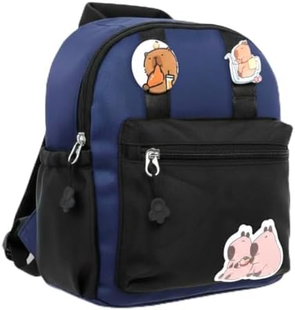 Mochila Escolar Infantil Capivara Fofa Reforçada Poliéster Leve 4 Bolsos Bolso Garrafa Zíper Resistente Crianças Creche Pré Escola Passeio Presente Criativo 2-6 Anos (Azul)