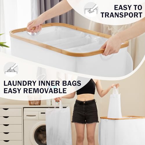 YOUDENOVA Wäschekorb mit Deckel 3 Fächer 160L Wäschesammler mit 3 Wäschesäcke Groß faltbarer Wäschesortierer Holz Bambus Wäschetruhe hoch, Weiß