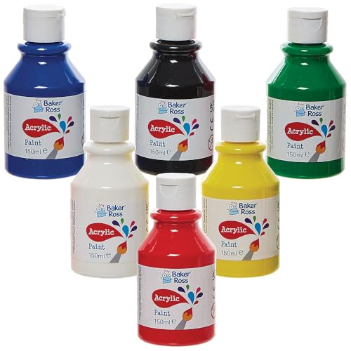 Baker Ross FN505 Peintures acryliques couleurs primaires, lot de 150 ml - Lot de 6, lot économique de bouteilles de peinture, peinture pour enfants