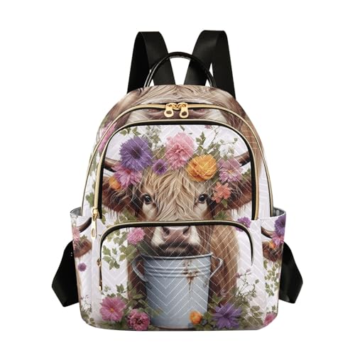 ODAWA Highlands Cow and Flowers Small Quilted Backpack for Women Women Small Backpack Cute Backpacks for Travel