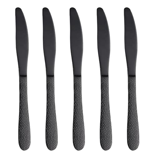 Image of 9 inch Hammered Charcoal Black Dinner Knives | 5-Piece Premium Stainless Steel Flatware Set of Steak Knives | Elegant Dishwasher-Safe Cutlery for Home, Restaurants, and Gifting