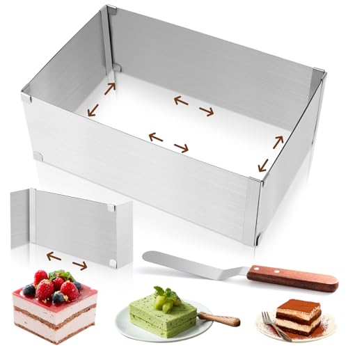 Qichan Backrahmen Rechteckig Verstellbar, 10cm Hohe Edelstahl Backrahmen Eckig Verstellbar mit Teiler, Spatel, Tortenring Eckig Wiederverwendbar für Backen/Schichttorten