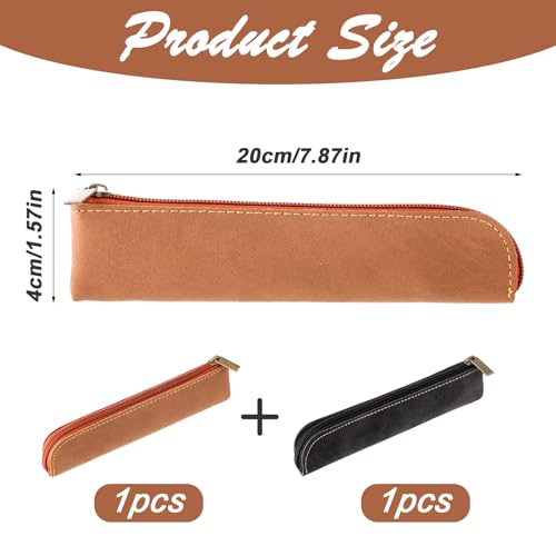 Amaxiu Slim PU Leather Pen Pencil Pouch, 2 Pcs Handcrafted Small Fountain Pen Holder Luxury Pen Case Thin Zipper Stationery Bag Vintage Pencil Organizer (Black+Brown) - Image 3