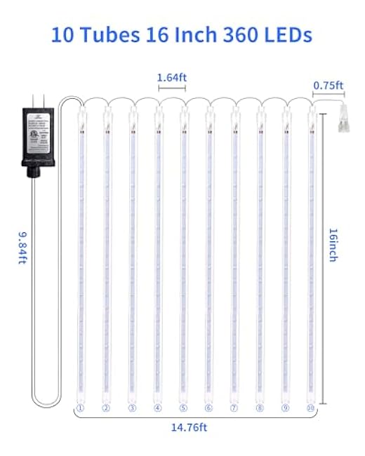 Blingstar Meteor Shower Lights Outdoor 10Tubes 16 Inch 360 LED Christmas Lights Waterproof Falling Rain Light Plug in Dripping Icicle Light for Tree Porch Roof Yard Xmas Halloween Decoration, Blue