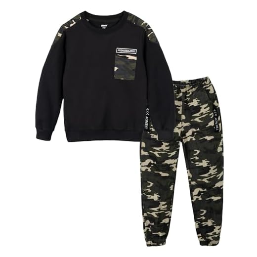 LOLANTA Enfants Ensemble de survêtement Camouflage, 2 pièces Garçon Pantalon Cargo + Sweat à Manches Longues, Noir, 160