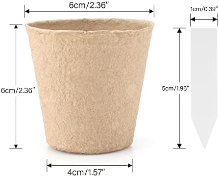 KINGLAKE 100 Pcs 6cm Fibre Seed Pots Biodegradable Plant Pots Small Seedling Pots with 100Pcs Plastic Plant labels 1x5cm