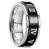 King Will 8mm Silver Black Mens Wedding Ring Tungsten Carbide Ring for Men Roman Numerals Engraved High Polished Surface Wedding Band Step Edge Comfort Fit Size 9.5