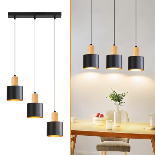 Lámpara colgante E27 negra estilo vintage con tres portalámparas de suspensión regulable