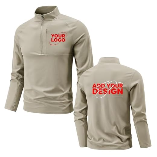 WUWWUT Personalised Men's Half Zip Top Custom Logo Long Sleeve Athletic Shirt Breathable Quick-Dry Pullover Sweater for Running Golf, Khaki, S