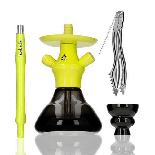 EL-BADIA XS Hookah 21cm – Shisha Compacta y Portátil de Viaje – Mini Cachimba Completa con Base de Vidrio, Columna de Aluminio, Manguera y Cazoleta Incluidos (Acid Yellow)
