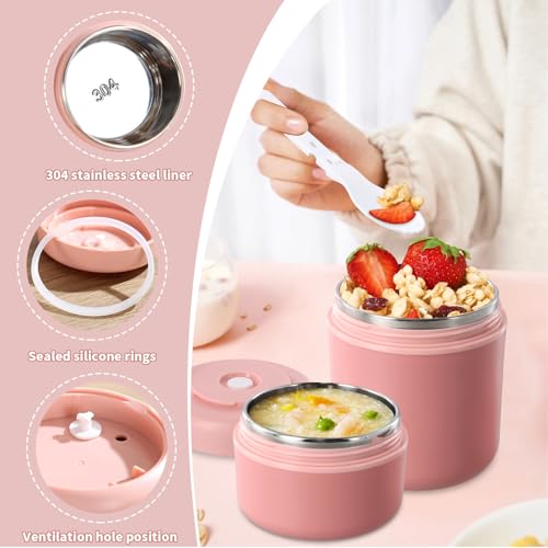Miniatura 4 de Qingzy Termo Para Comida, 530ml 290ml Termo Comida Caliente Acero Inoxidable, Taza De Cereales Para Llevar De Doble Capa, Frasco Contenedor Térmico Con Cuchara Para Trabajo, Escuela Rosa