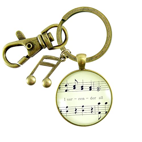 Faith Keychain I Surrender All Bronze Jewelry for Women Key Ring - Handmade Hymn Sheet Music Pendant, Music Note Charm, Affectionately Boxed Encouragement Gift with Meaningful Message of Hope Card