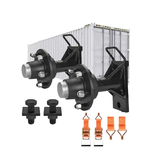 2 Pack Shipping Container Wheel with 5 Lug Bolt-On Spindle, Heavy Duty Shipping Container Axle with Handle, Shipping Container Accessory with Ratchet Strap for Up to 13.7m, 2721KGkg Capacity (5 Lug)