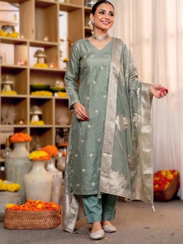 Image of Pinkmint Women Jacquard Silk Ethnic Kurta with Dupatta Suit for Women | Straight Fit Designer Wear with Woven Pattern & Tassel Dupatta | Availble in Plus Size
