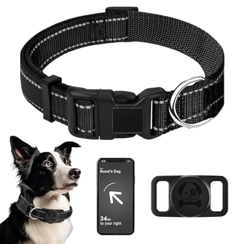 YENTEN Mit AirTag Halter Hundehalsband, Nylon Hunde Halsband für Kleine Mittlere Hunde, Wasserdicht, Verstellbare und Reflektierend für das Training, Schwarz S(12-16 Zoll)
