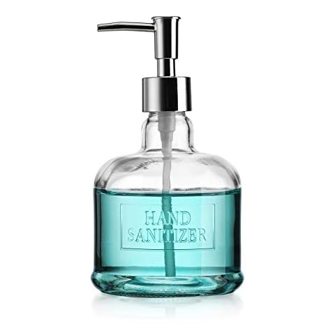 Elegant Home 18 Oz 7" Clear Embossed Glass Hand Sanitizer Dispenser Holder Bottle - Refillable, Acrylic Pump Ideal for Soap, Body Lotion, Essential Oil, Great for Bathroom & Kitchen Cover