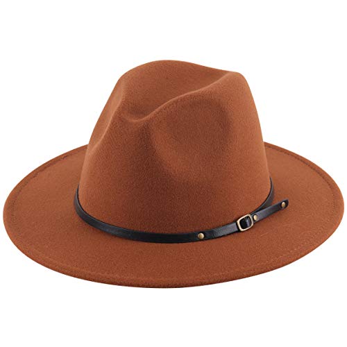 Lanzom Women Lady Retro Wide Brim Floppy Panama Hat Belt Buckle Wool Fedora Hat Fit Size 6 8/7-7 1/4 (Coffee, One Size) #TOP19