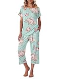 Ekouaer Women's Capri Pajama Sets Floral Print Short Sleeve Sleepwear Top and Capri Pants 2 Piece Loungewear with Pockets Blue Big Flowers M