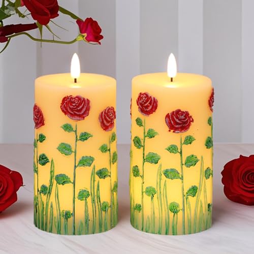 Image of Roses Flower Flameless Candles Battery Operated with 6 Hour Timer 3D Wick Flickering LED Pillar Candles Real Wax Hand-Painted Dinner Christmas Holiday Decor(2 Pack, 3 inch D x 6.5 inch H)