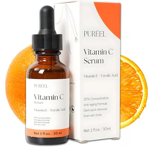 Puréel 20% Vitamin C Serum for Face – Brightening Serum with Vitamin E & Ferulic Acid – Anti-Aging, Dark Spot Remover, Even Skin Tone, Wrinkle Reduction & Radiant Glow – 1 fl oz