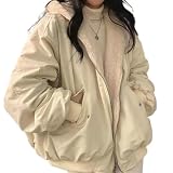 Women's Fleece Lined Jacket Winter Warm Y2K Jackets for Women Fashion Hooded Zip Long Sleeve Winter Coat Cute Korean Clothes (Apricot,Large)