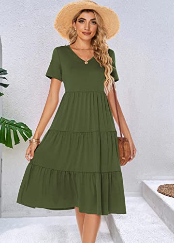 Image of Berydress Women's Casual Summer Tiered Midi Dress 2026 V Neck Boho Sundress | Short Sleeve Dresses for Women, Loose Ruffle Babydoll Style, Cotton Blend Fabric, for Church, Going Out, Beach Vacation