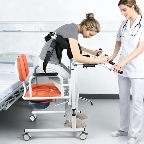 6 in 1 Patient Lift Transfer Chair for Elderly and Home, Portable Adjustable Height Footrest Hydraulic Lift Nursing Wheelchair 180° Split PU Leather and Thickened Sponge Seat, 440lbs, Orange