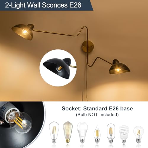 Image of Black and Gold Plug in Wall Sconce, 2-Light Swing Arms Wall Lamp with Plug Cord Big Wall Mount Lighting Fixture for Living Room Bedroom