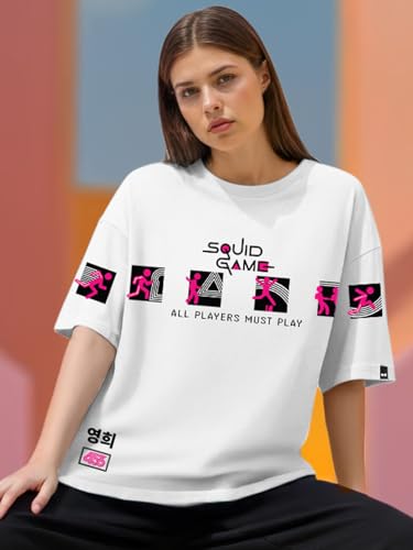 Image of Bewakoof X Squid Game Women's Cotton Jersey Graphic Print Oversized Fit Half Sleeve Round Neck T-Shirt | Casual wear | Streetwear | Oversized Tshirt for Woman Cotton| Baggy