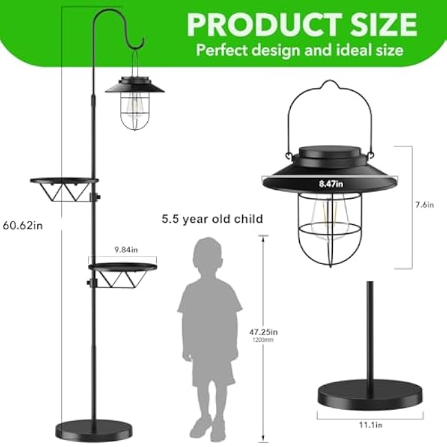 60 Solar Floor Lamp with Detachable Hanging Lantern & Small Side Table - Cordless, Waterproof Outdoor Lighting for Deck, Patio, Garden, Porch - Weatherproof Iron Floor Light- Two Small side tables