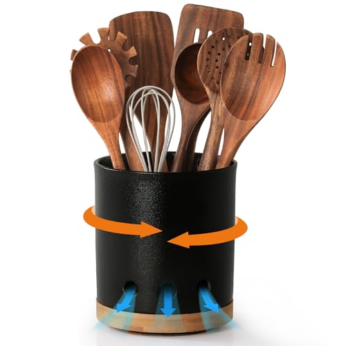 Image of LoeJan 360 Rotating Ceramic Utensil Holder for Kitchen Countertop - Cooking Utensil Crock Organizer with Non-Slip Cork Base for Farmhouse Kitchen Decor, Textured Black