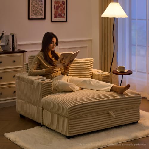 Sillón chaise grande beige con portavasos y USB miniatura 6