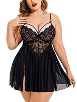 Softwrap Plus Size Lingerie Lace Babydoll Womens Strap Chemise Nightgown V Neck Nighty Mesh Sleepwear Side Slit Nightdress (Free Size, Black)