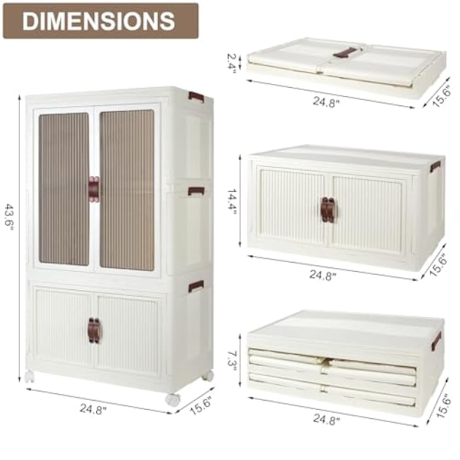 Stackable Closet Storage Bins, Collapsible Clothes Organizers, Portable Wardrobe Closet with Lids and Doors, Movable Clothes Storage with Coat Hangers, White