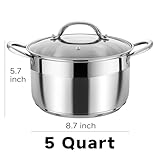 Kirecoo Stainless Steel Stock Pot - 5 Quart Heavy Duty Induction Cooking Pot with Visible Lid for Pasta, Soup, Spaghetti, Nonstick Thick Bottom Big Stockpot, Deep Cookware for Canning, Boiling, Simmer