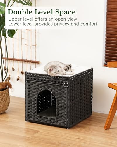 Image of SETVSON Cat Litter Box Enclosure Furniture, Hidden PE Rattan, Black | PE Rattan Kitty House with Top Fence, Fits Standard Litter Box, Included Litter Mat, 2 S-Hooks, Sturdy Metal Frame