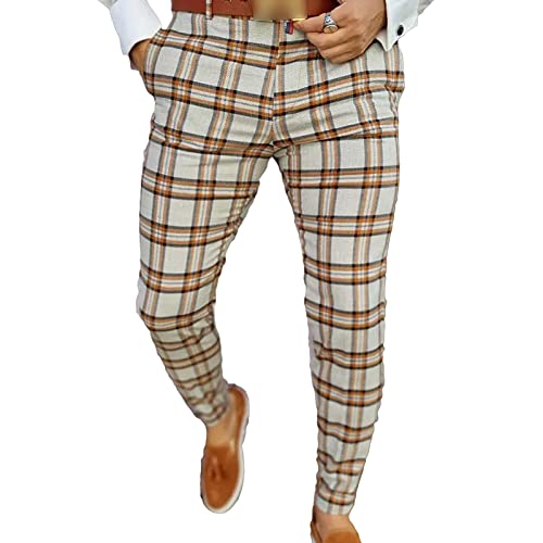 Men's Plaid Suit Pants Casual Plaid Business Formal Dress Pants Slim Fit Skinny Tapered Trousers with Pockets (Khaki,X-Large)