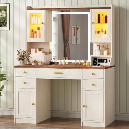 Image of CSZZD Farmhouse Makeup Vanity Desk with Lighted Mirror and RGB Cabinets | Large Vanity Table with Type-C & USB Charging Station, Adjustable 3 Mode Lights Vanity Desk with 6 Drawers & Storage Shelves