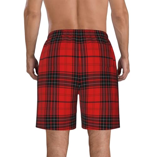 Red and Black Plaid Stylish Men's Bench Shorts - 100% Polyester, Quick-Drying, 6-Sizes3