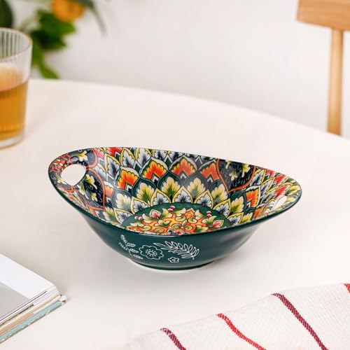 Image of Nestasia Mandala Ceramic Serving Bowl with Handles (400 ml) - Microwave & Dishwasher Safe Pasta Bowl | Floral Bowl with Glossy Finish - Ideal for Soup, Curries, Snacks, Salad & Noodles (Green)