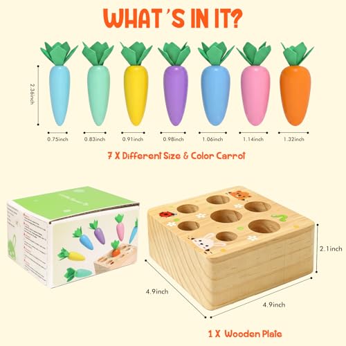 Image of Wdmiya Montessoritoys for 1 Year Old, Wooden Toys Developmental Shape Sorting & Matching Puzzle Macaron Carrots Harvest Game, Birthday Gifts for Toddlers Babies Boys and Girls 6-12 Months Christmas