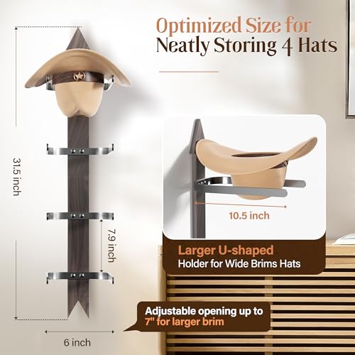 Cowboy Hat Rack for Wall, Cowboy Hat Holder Wall Mount Holds up to 4 Hats, Wooden Western Rustic Metal Hat Hanger with Arrow Sign Board, Hat Organizer for Western Hat, Fedora, Sun Hats (2 pack) - image 2