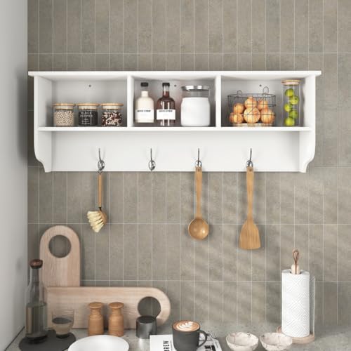 TUNGTAR 38.6inch Wall Mounted Entryway wooden Coat Rack with Storage Shelf 4 Dual Hooks Wooden Storage Living Room Wall Cabinet with 3 Cubbies Space Saving Hanging Shelf for Hats Bags Coats (White)