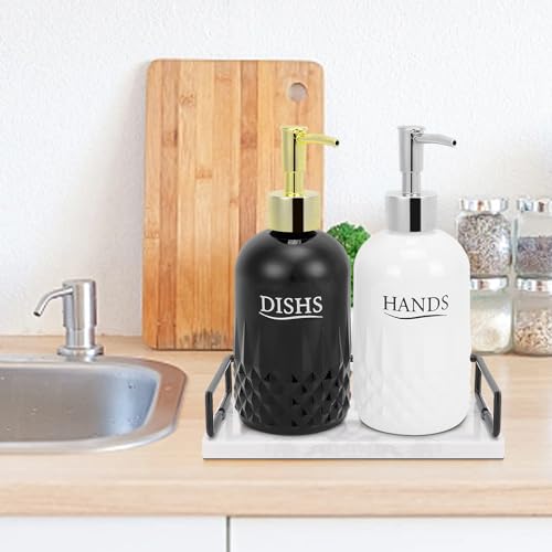 Image of Glass Soap Dispenser Set, Refillable Dish Soap Pump Dispenser, Kitchen Bathroom Counter Shampoo Conditioner Dispenser (with Marble Tray)