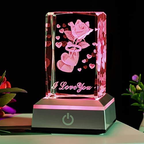 BAHUJIDA I Love You 3D Ring Rose Crystal with LED Color Night Light, Valentine's Day Mothers DayGifts for Wife Mom Women Her，Unique Anniversary Girlfriend Birthday Presents Decoration(Heart)