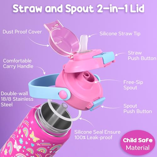 Kids Insulated Water Bottle with Pop-Open Straw & Spout 2-in-1 Lid, 14oz Kids Insulated 18/8 Stainless Steel Water Bottle for School Girls Boys Toddler Water Bottle Leak Proof Kids Cups,Rainbow by Fimibuke - Used condition - Image 2