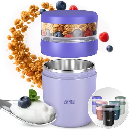 LEBENLANG Müsli Becher Go mit Löffel - 650ml & Isolierende Edelstahlinnenwand I Müsli becher To Go Müslibecher To Go Groß I Joghurtbecher Joguthbecher Zum Mitnehmen Chrunch Cup