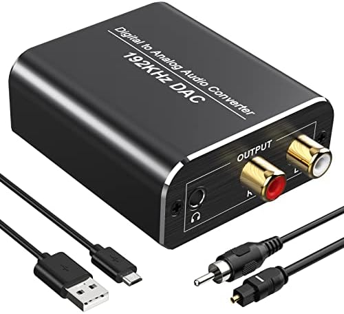 192Khz DAC Digital to Analog Audio Converter, Aluminum Optical to RCA Converter with Optical Coaxial Cable, Digital Spdif/Optical/Toslink to Analog Stereo L/R RCA for PS4 Xbox TV DVD 3.5mm Jack